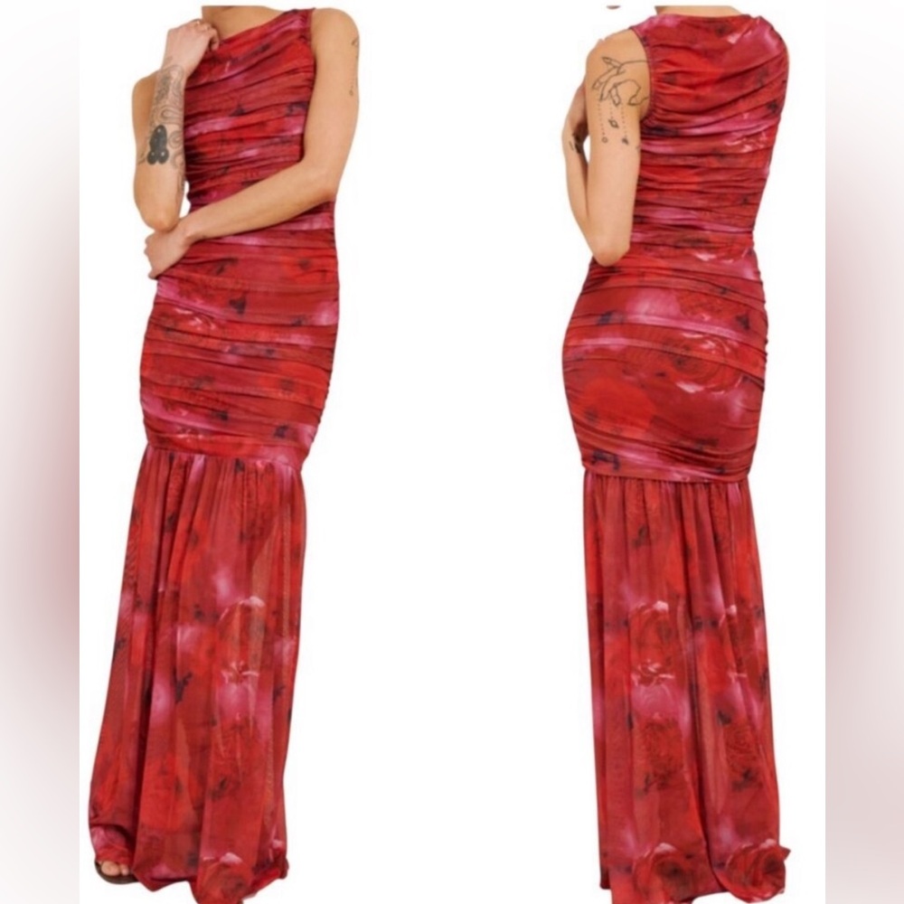 Elliatt Elise Ruched Mesh Maxi Dress Red Rose Print medium